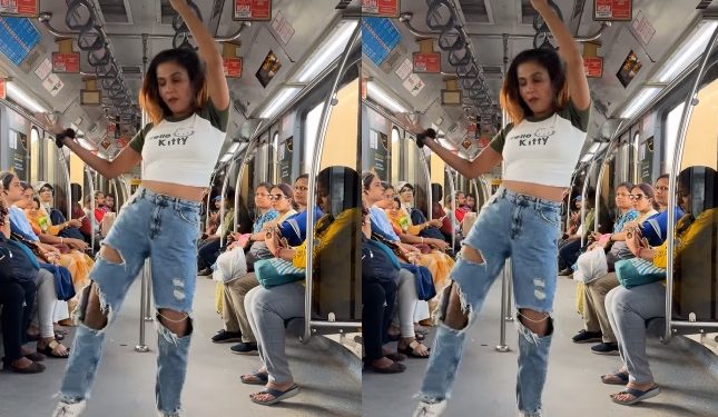 girl dancing in torn jeans in Delhi Metro